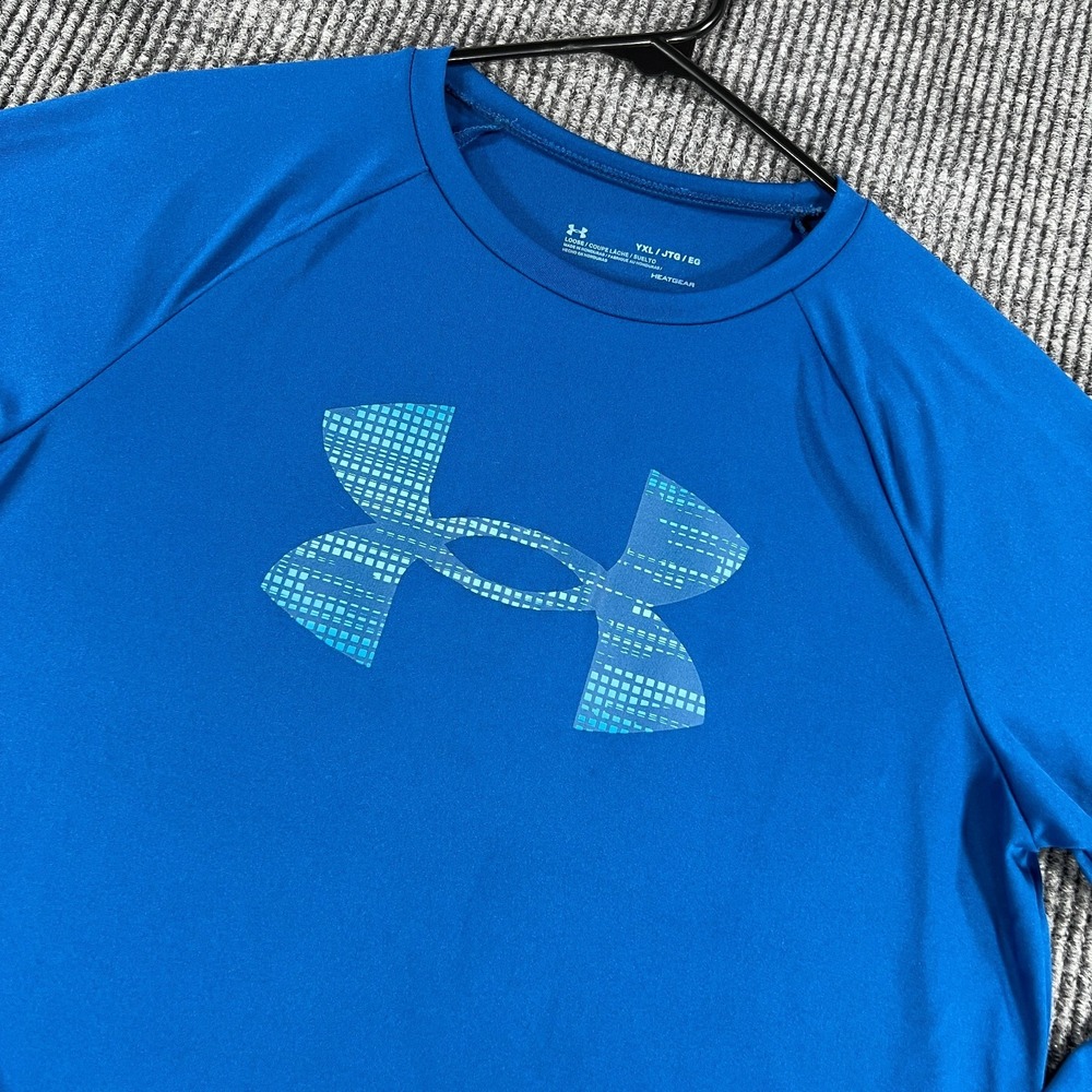 Under Armour Shirt Boys XL Extra Large Blue Long Sleeve Loose Fit Heat Gear‎